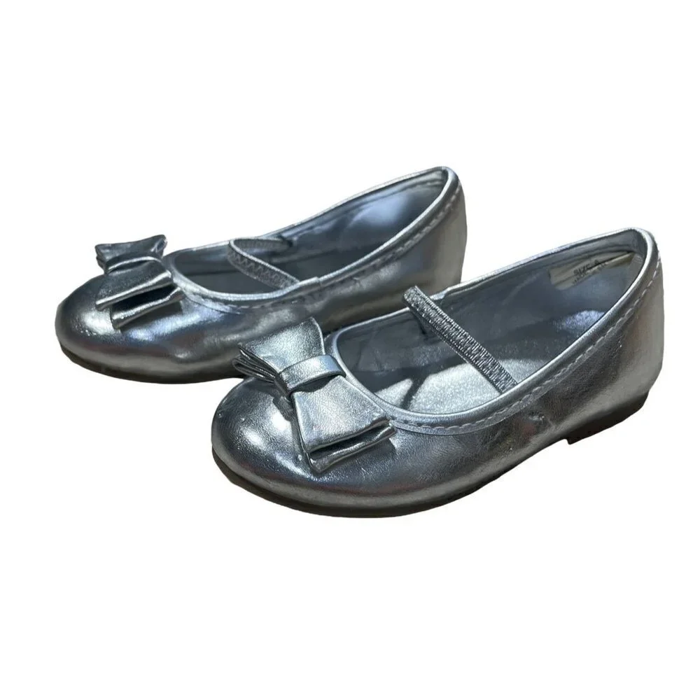 Gymboree Girl Toddler Silver Bow Ballet Flat Shoes Size 6